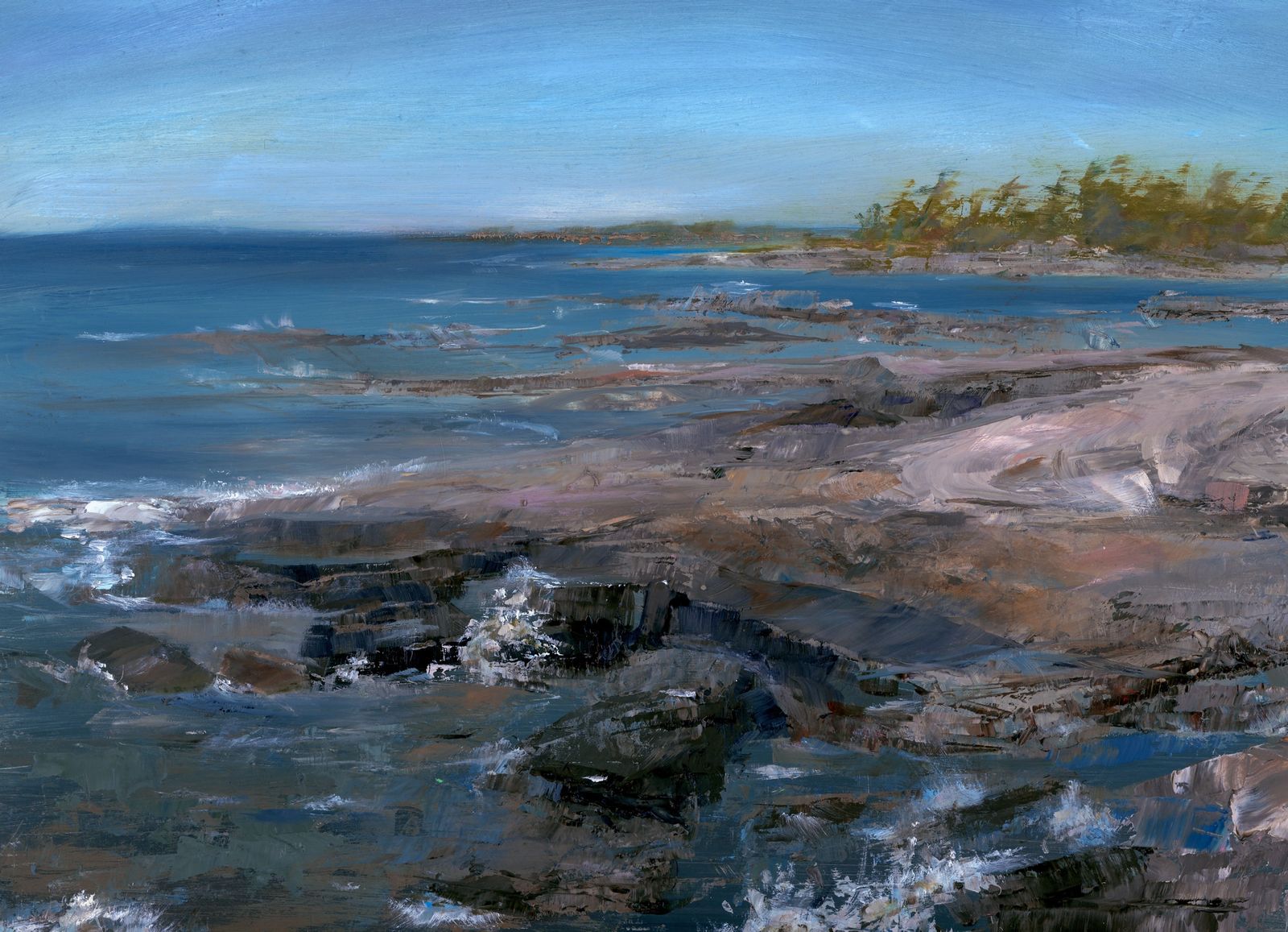 Oil painting on panel of a windy day on the bay. Waves are washing against pink and grey granite rock. The view is toward a distant island with pines. 