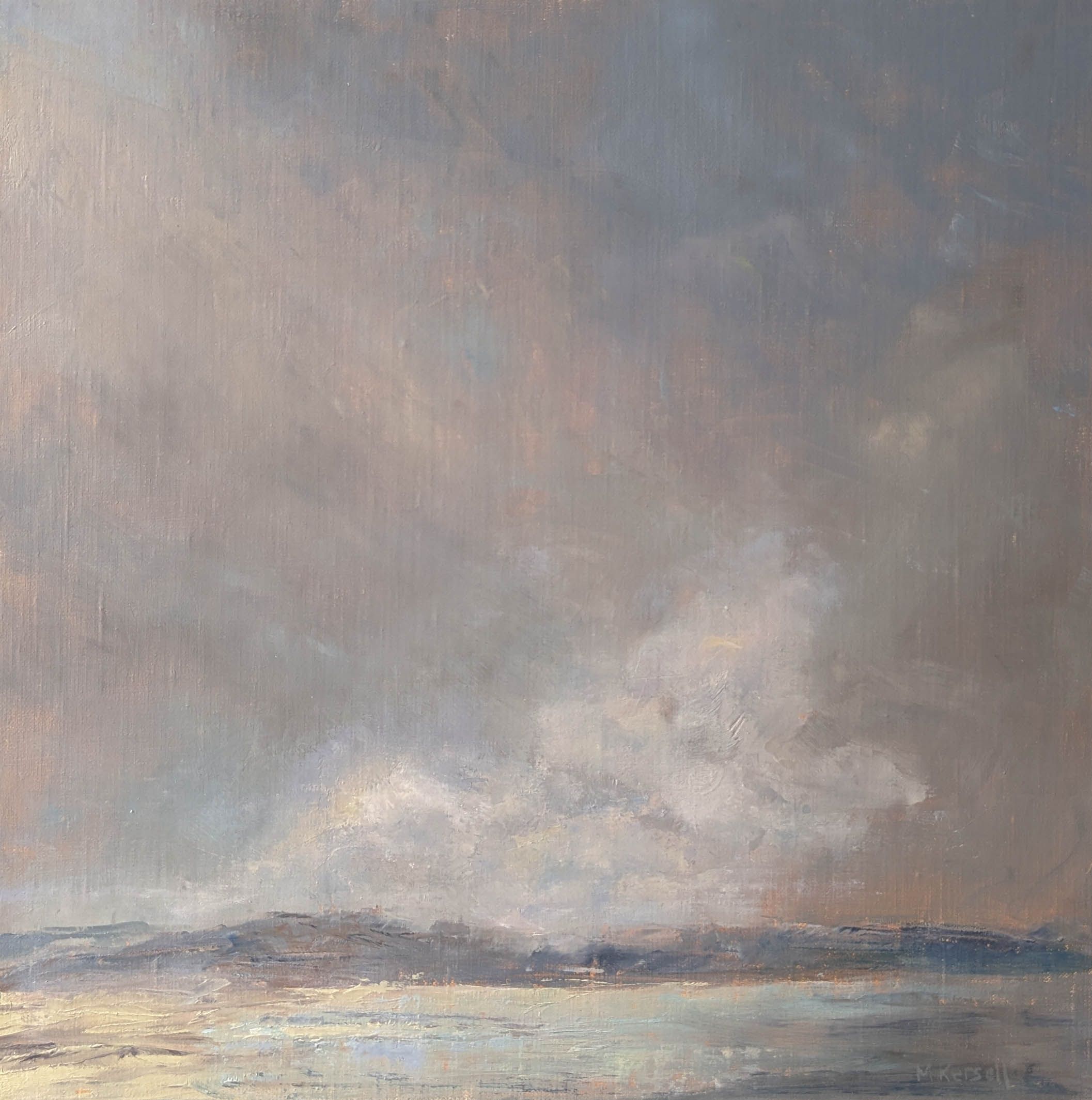 An oil painting of a storm receding leaving a billowing cloud reflected in the ocean.