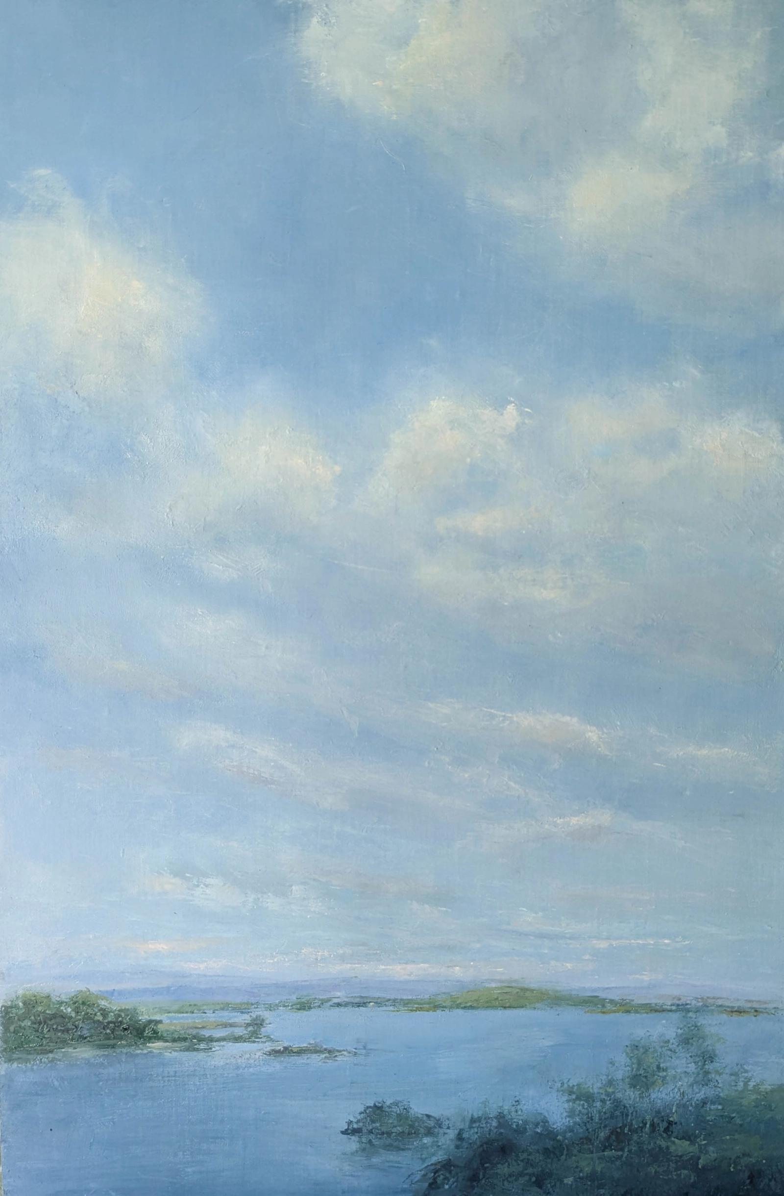 Looking down on a bay of islands on a bright summer day. Clouds float above.