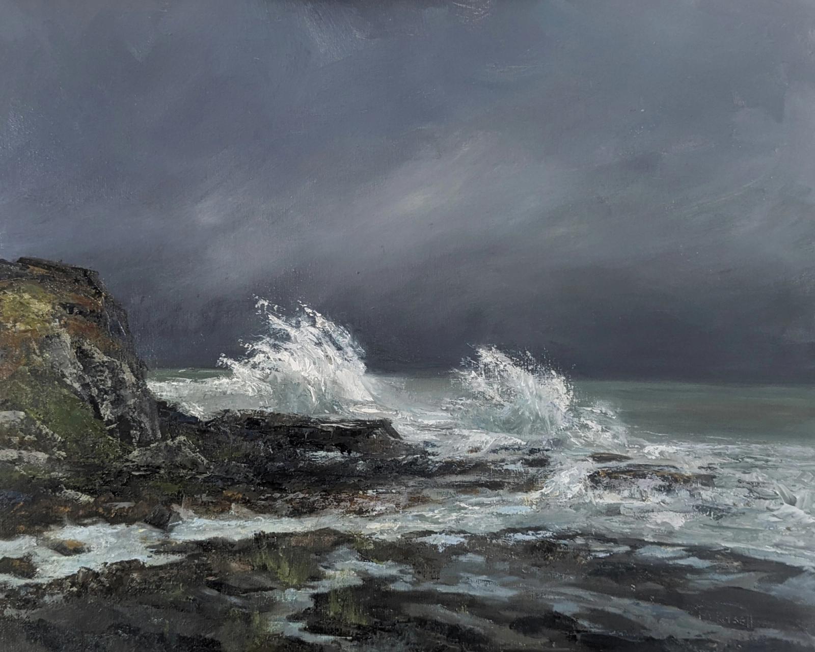 A 16" x 20" tonal oil painting of waves crashing against a rocky bluff.