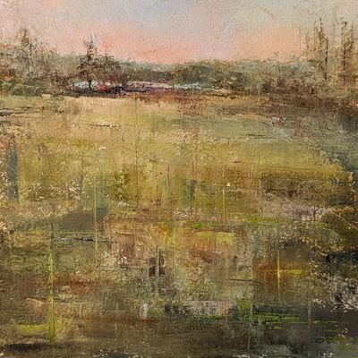 An oil painting on paper of a marsh and distant lake.