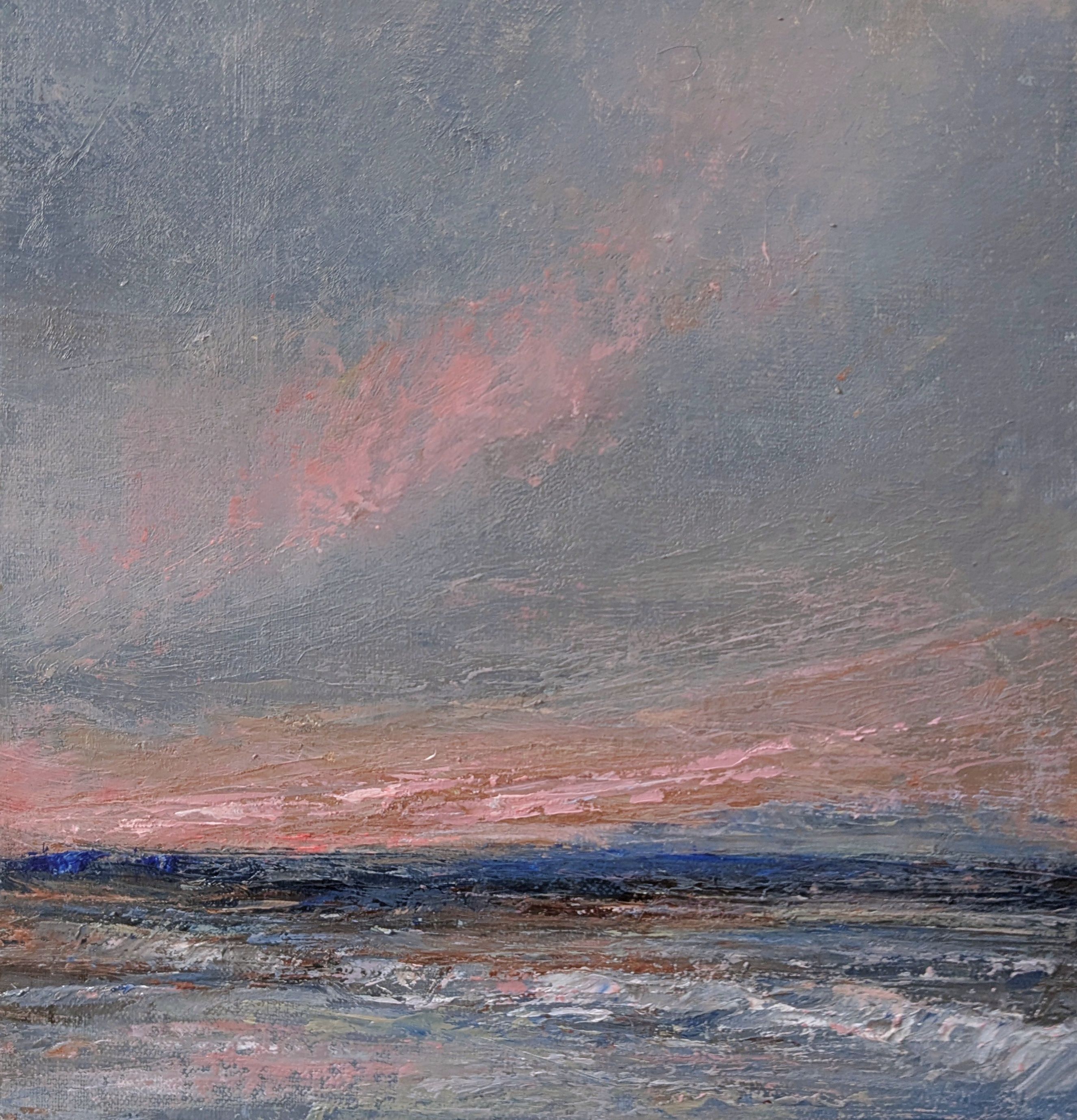 A small oil painting of a pink sunset glowing as the sky and sea darken.