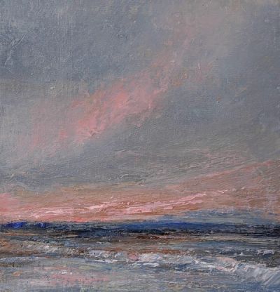 A small oil painting of a pink sunset glowing as the sky and sea darken.
