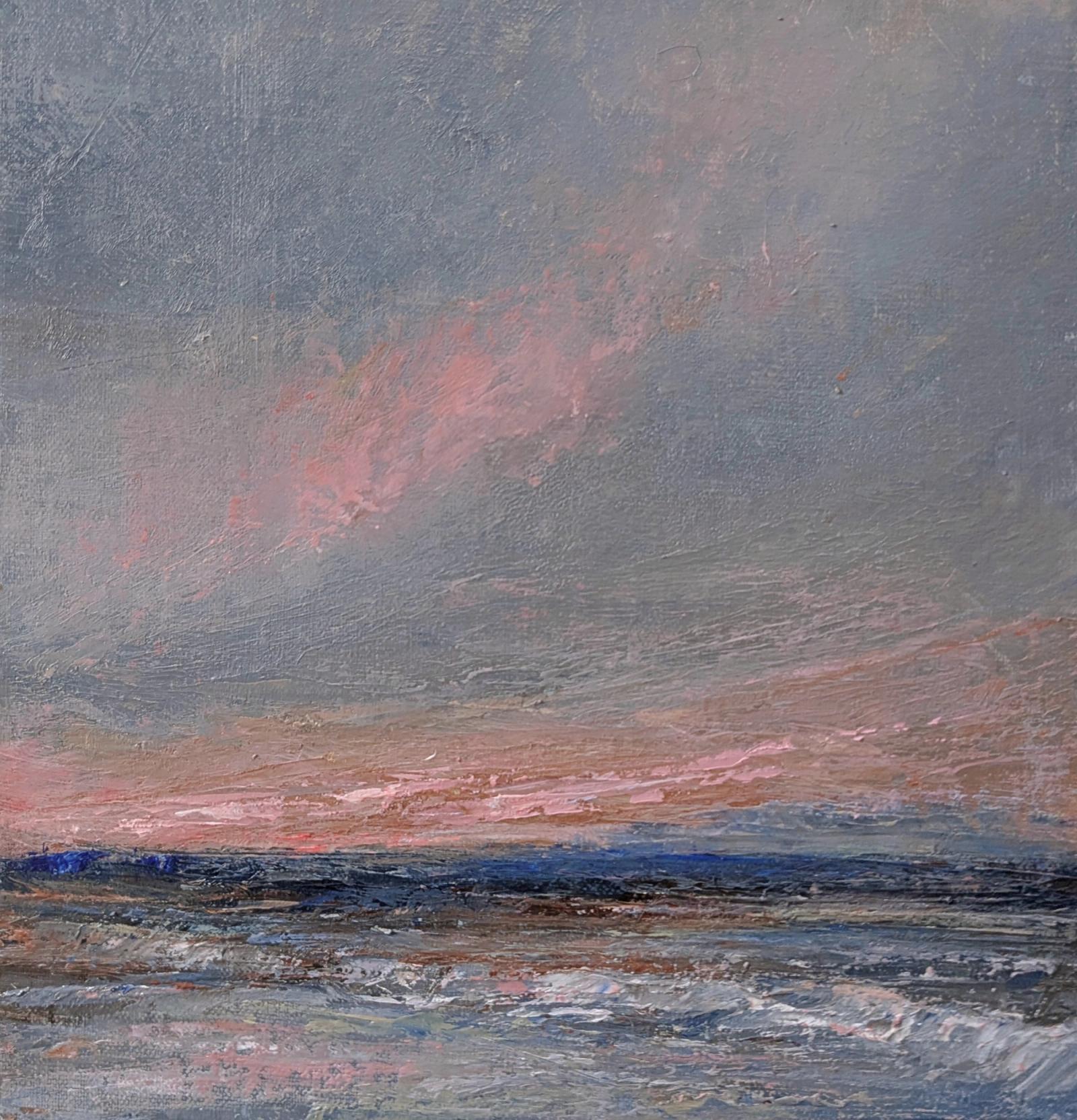 A small oil painting of a pink sunset glowing as the sky and sea darken.