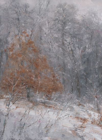 This is an oil painting on panel of a snow falling on a Beach tree in a mixed forest.