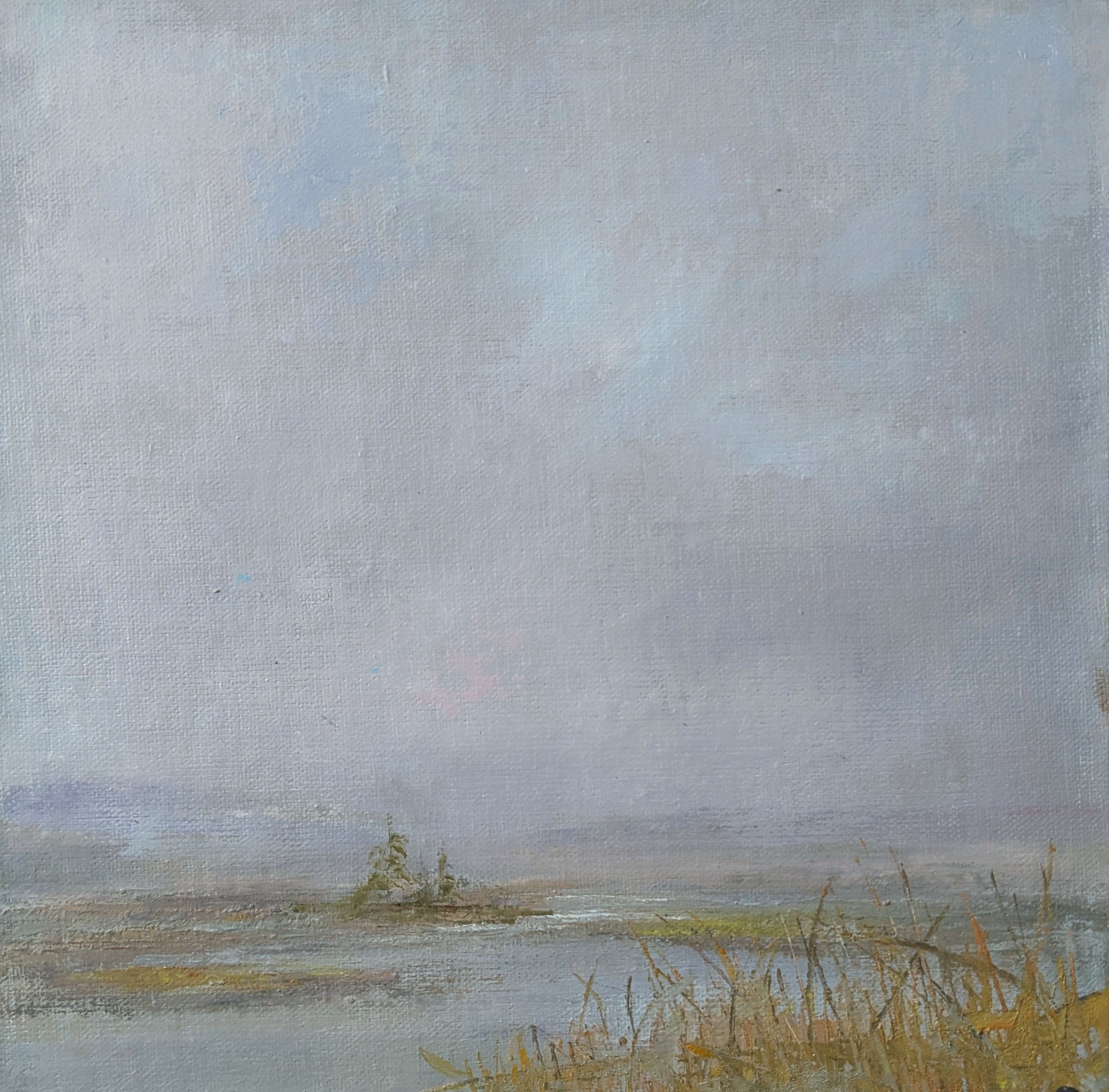 A small oil painting of a saltmarsh on a foggy day.