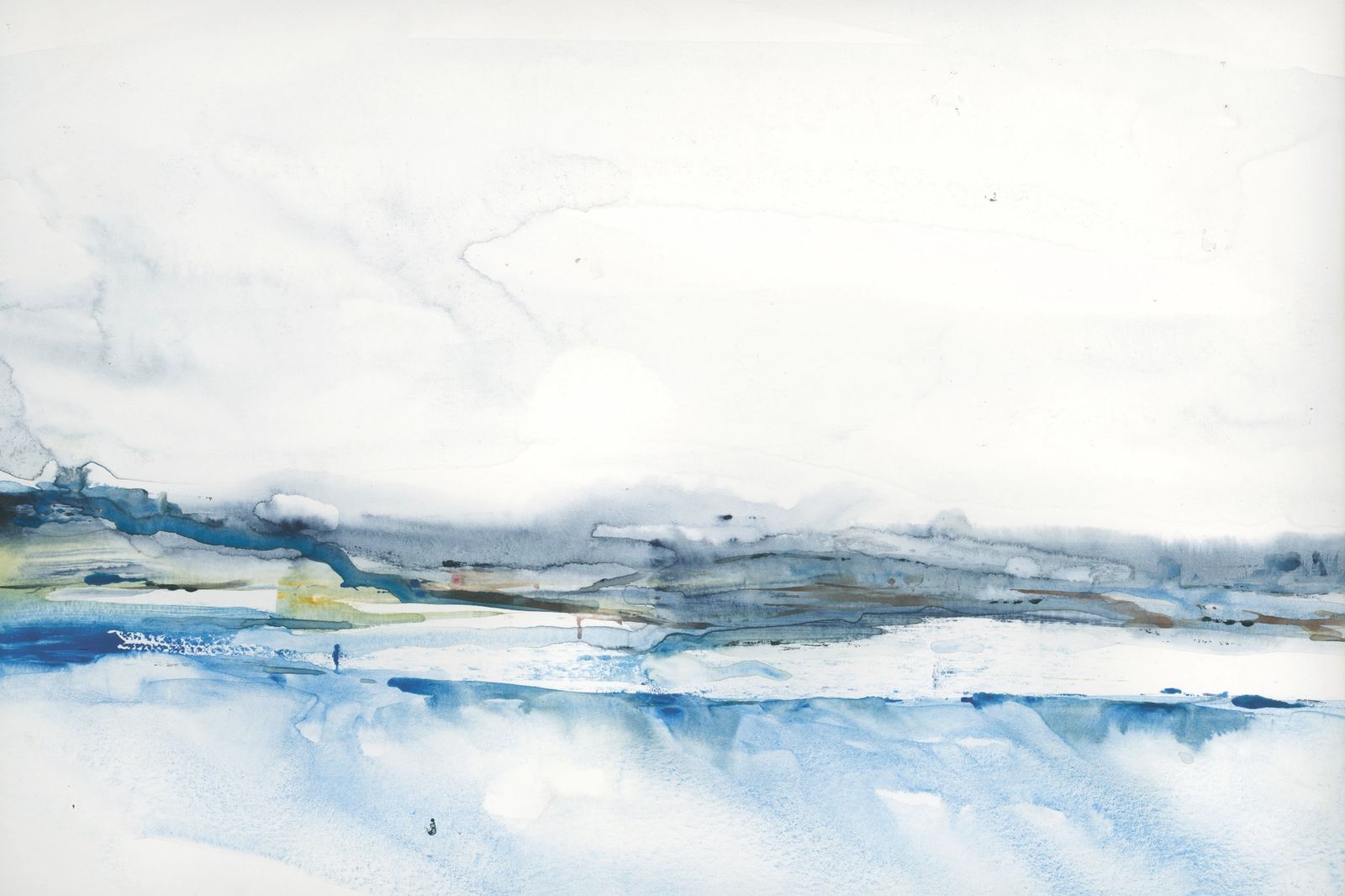 An abstract watercolor painting, perhaps an icy pond with a lone skater approaching.