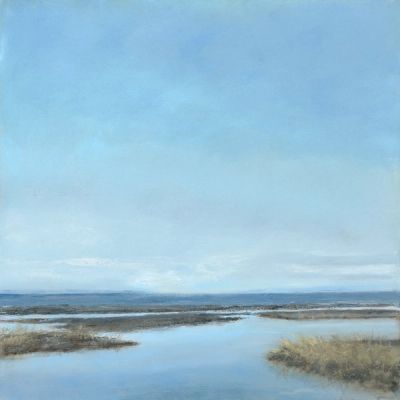 A river running out of a salt marsh toward the sea on a mirror calm day.