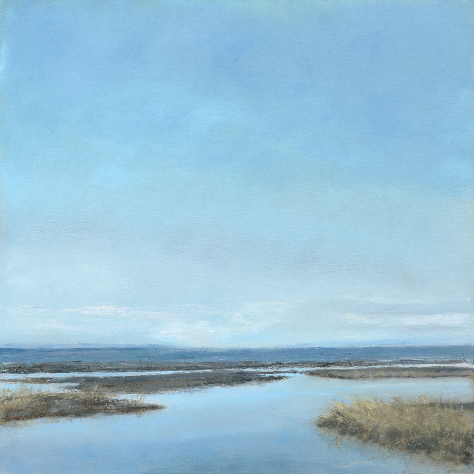 A river running out of a salt marsh toward the sea on a mirror calm day.