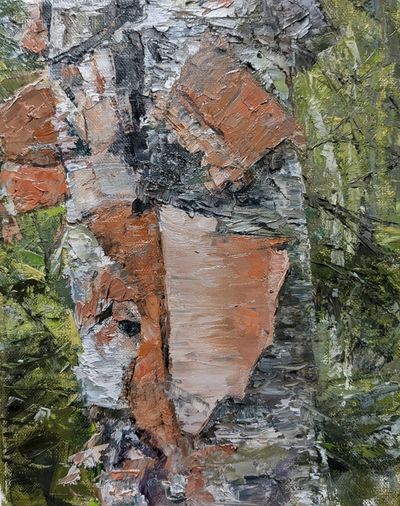A painting of a birch tree trunk with peeling bark.