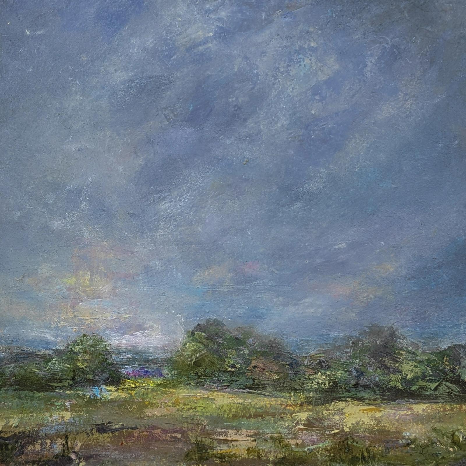 An oil painting of a summer day of fair-weather clouds and a sunny meadow. 