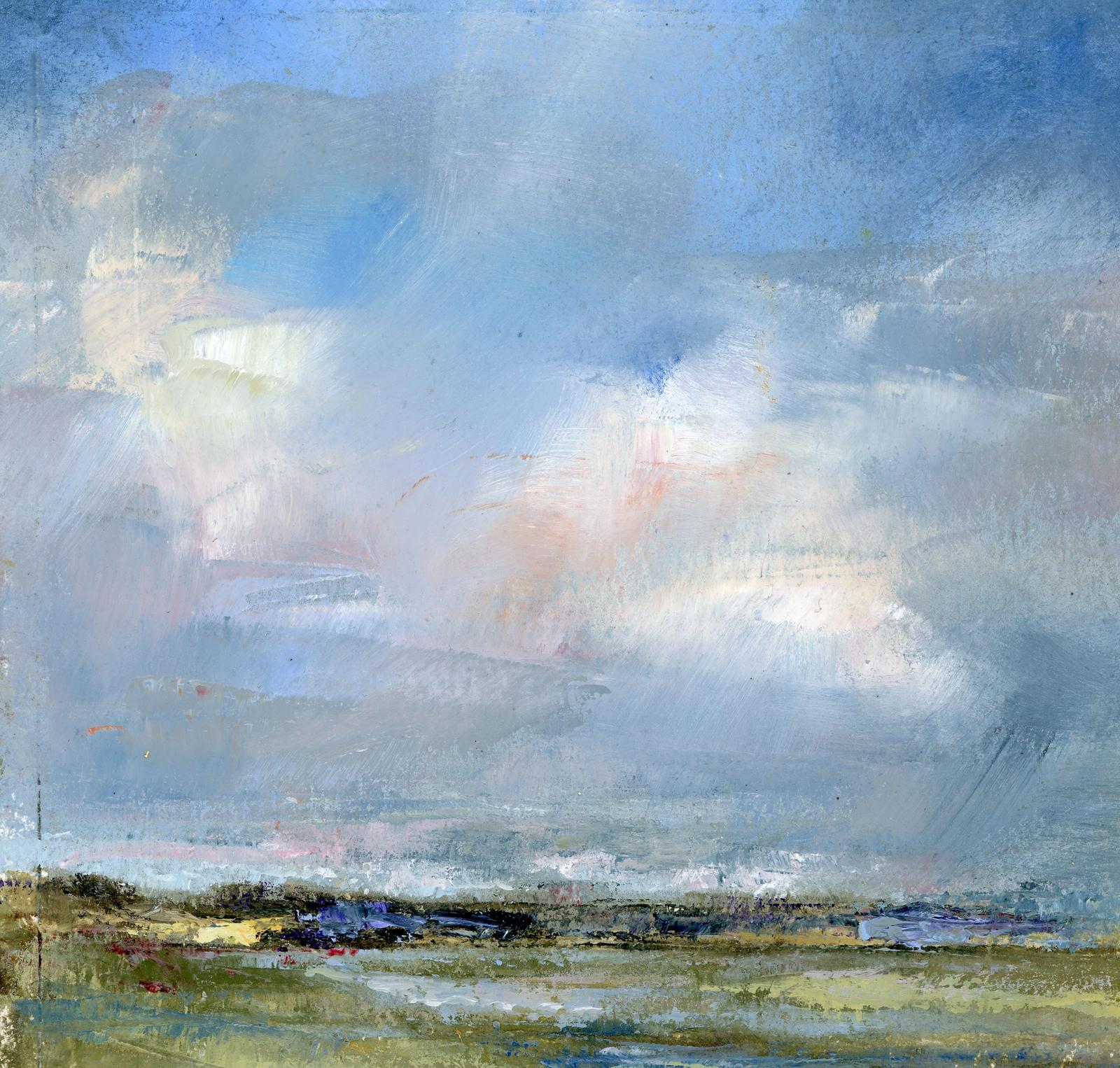 A small painting of clouds over a marsh with the sun breaking through.