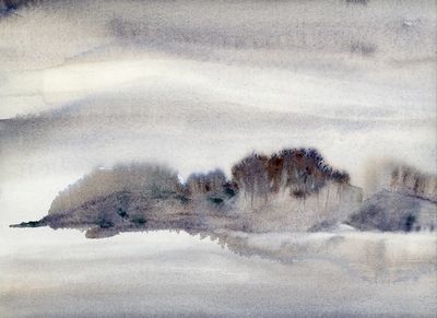 An abstract watercolor landscape of a small island on a grey day. A stand of trees predominates. The color is muted greys and brown.