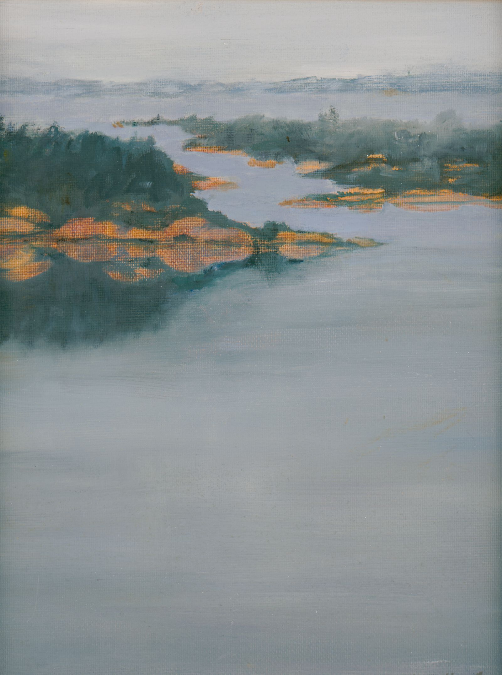 This is an oil painting with a view looking down toward an island peninsula covered with pine with a narrow bay that opens toward more distant islands.