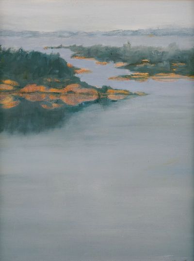 This is an oil painting with a view looking down toward an island peninsula covered with pine with a narrow bay that opens toward more distant islands.