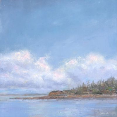 An oil painting by Mary Kersell of an island on a calm day. Billowing clouds are reflected in the water in front of the island.