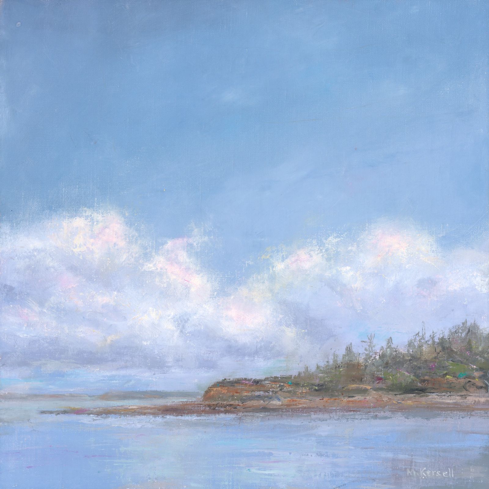 An oil painting by Mary Kersell of an island on a calm day. Billowing clouds are reflected in the water in front of the island.
