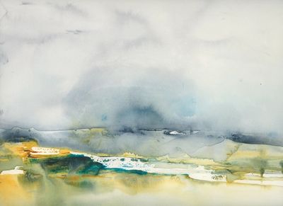 An abstract watercolor landscape on a stormy day with sun breaking through on hills and stream.