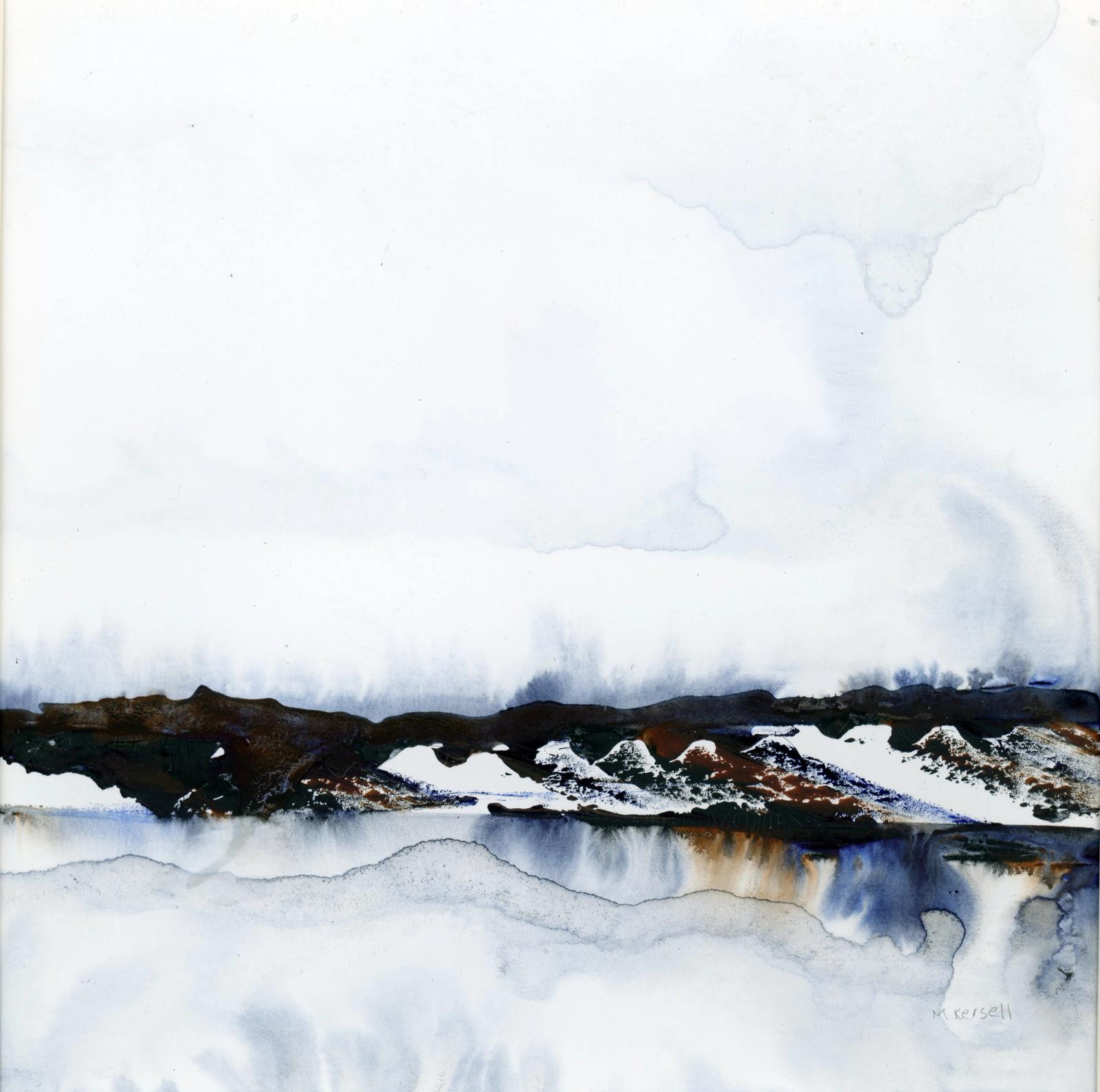 An abstract watercolor suggesting a dark bank reflected in water