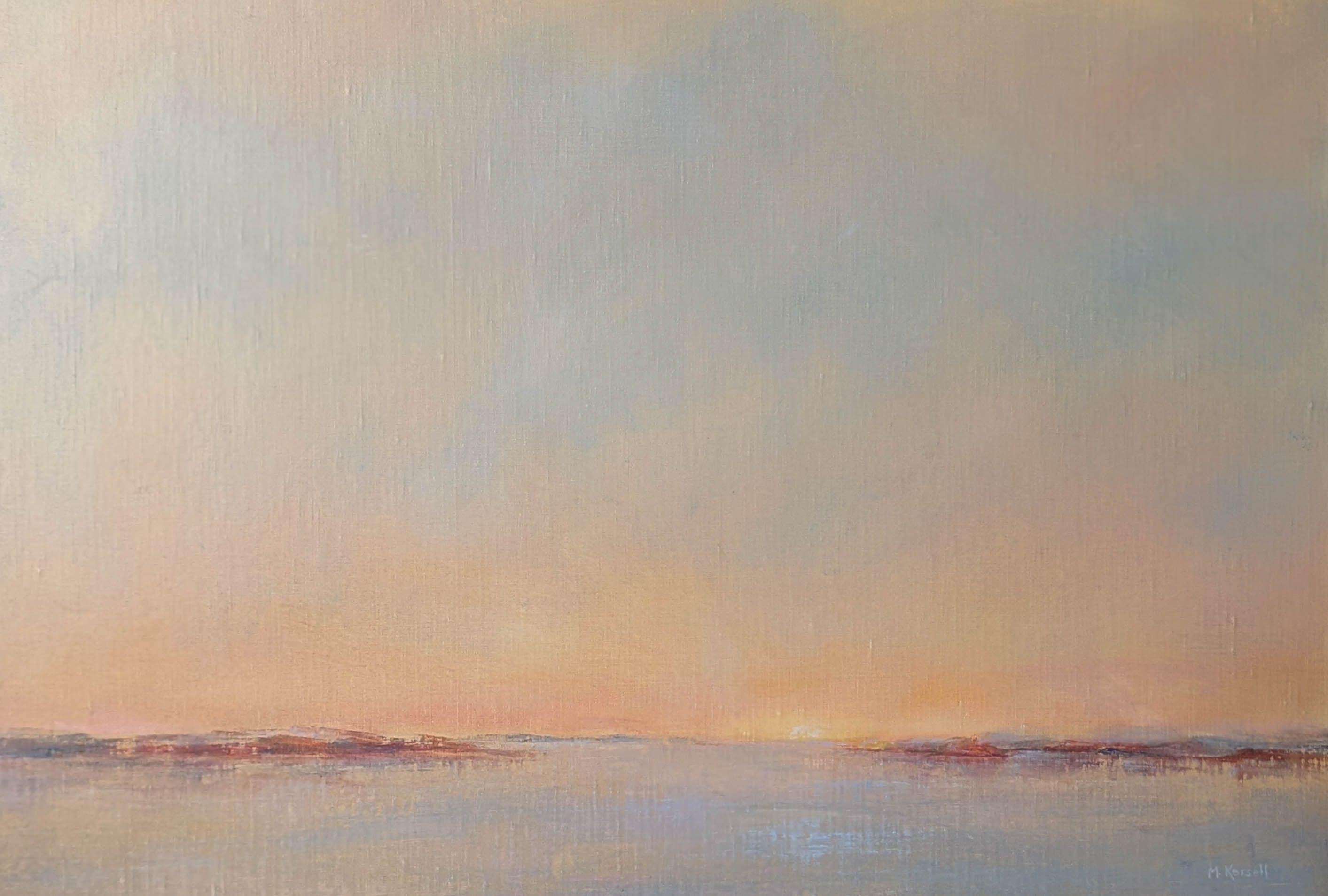 A rosy sunset over distant islands and the harbour.