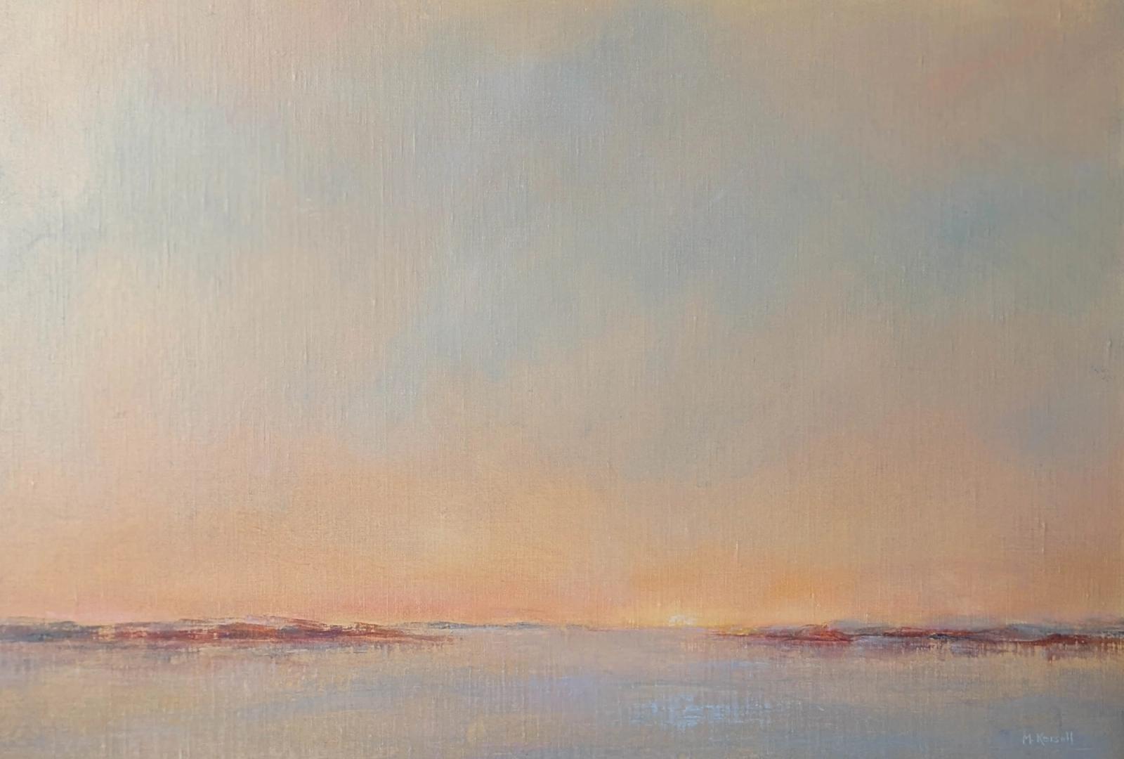 A rosy sunset over distant islands and the harbour.