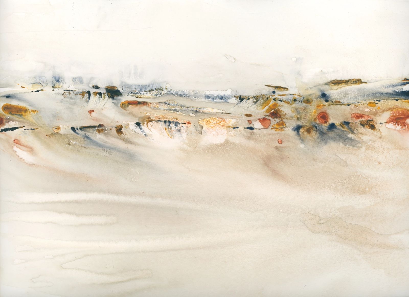 An abstract watercolor landscape in tones of biege, sienna and grey.