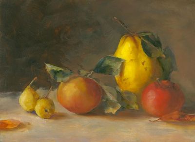 An oil on panel painting of a quince, a couple of apples and some small Seckel pears.