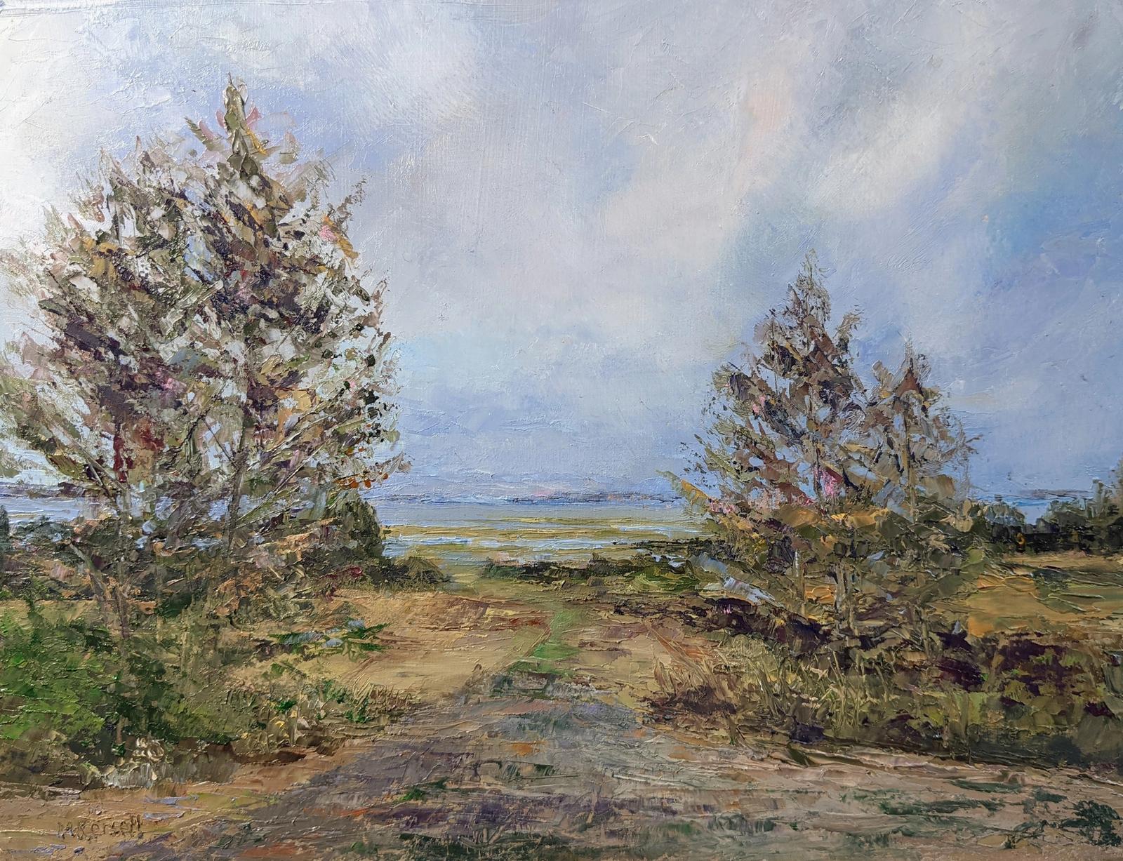 An oil painting of a passageway into fields of a salt marsh. 