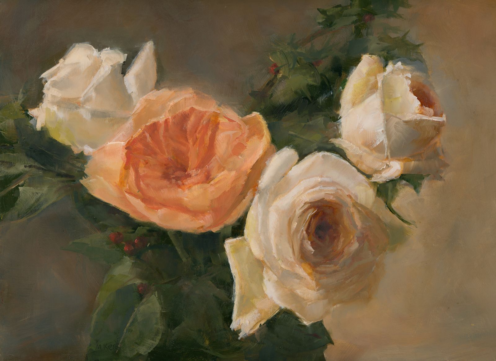 An oil painting of three white and one salmon rose with holly leaves and berries.