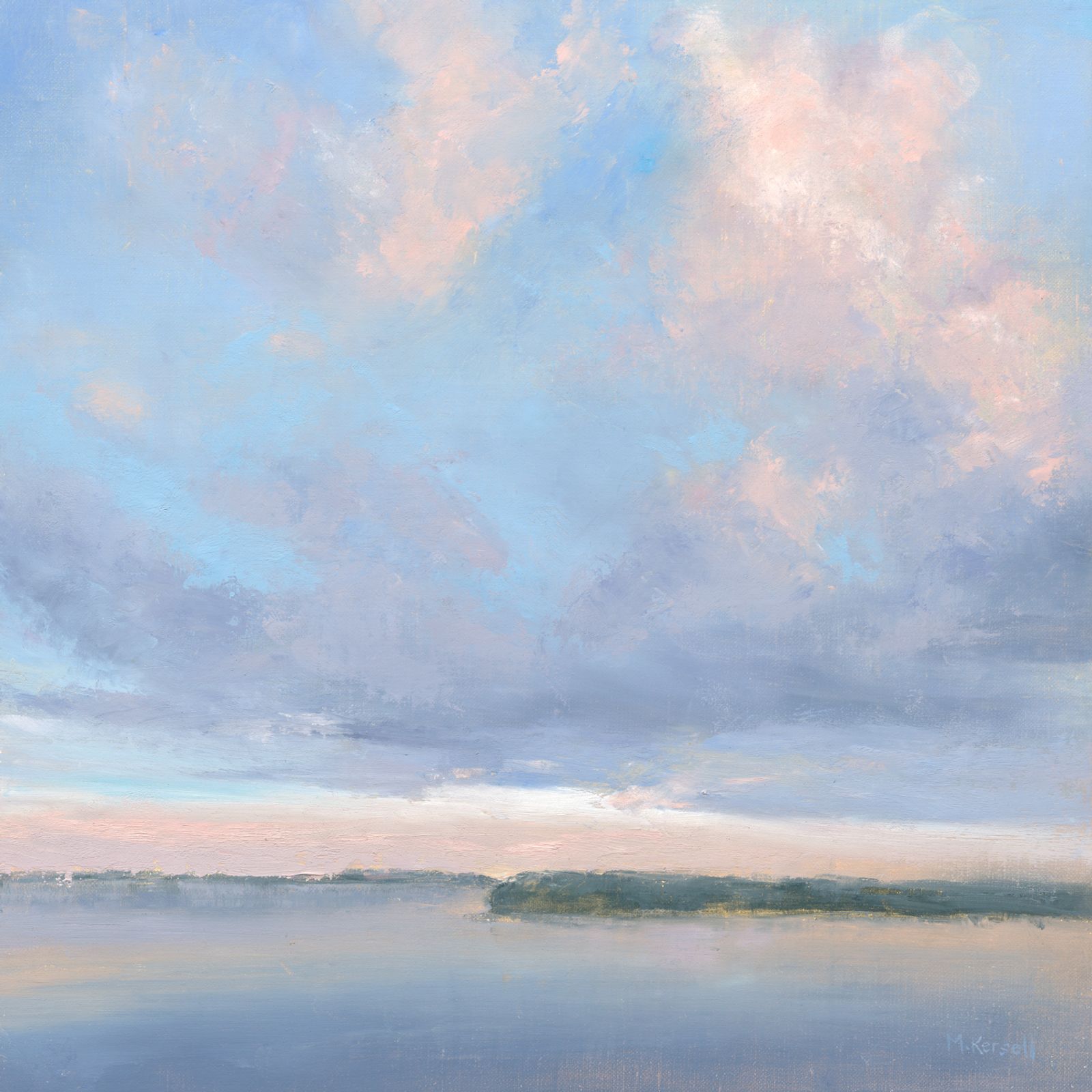 Mary Kersell oil painting of towering pink sunset clouds above a distant shore.