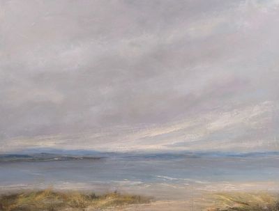 Light breaking on a windy day. Sand dunes with islands beyond.