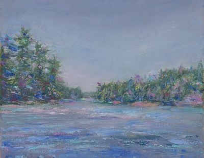 A Plein Air oil painting of a bay narrowing into a channel between two islands. The color is imagined.