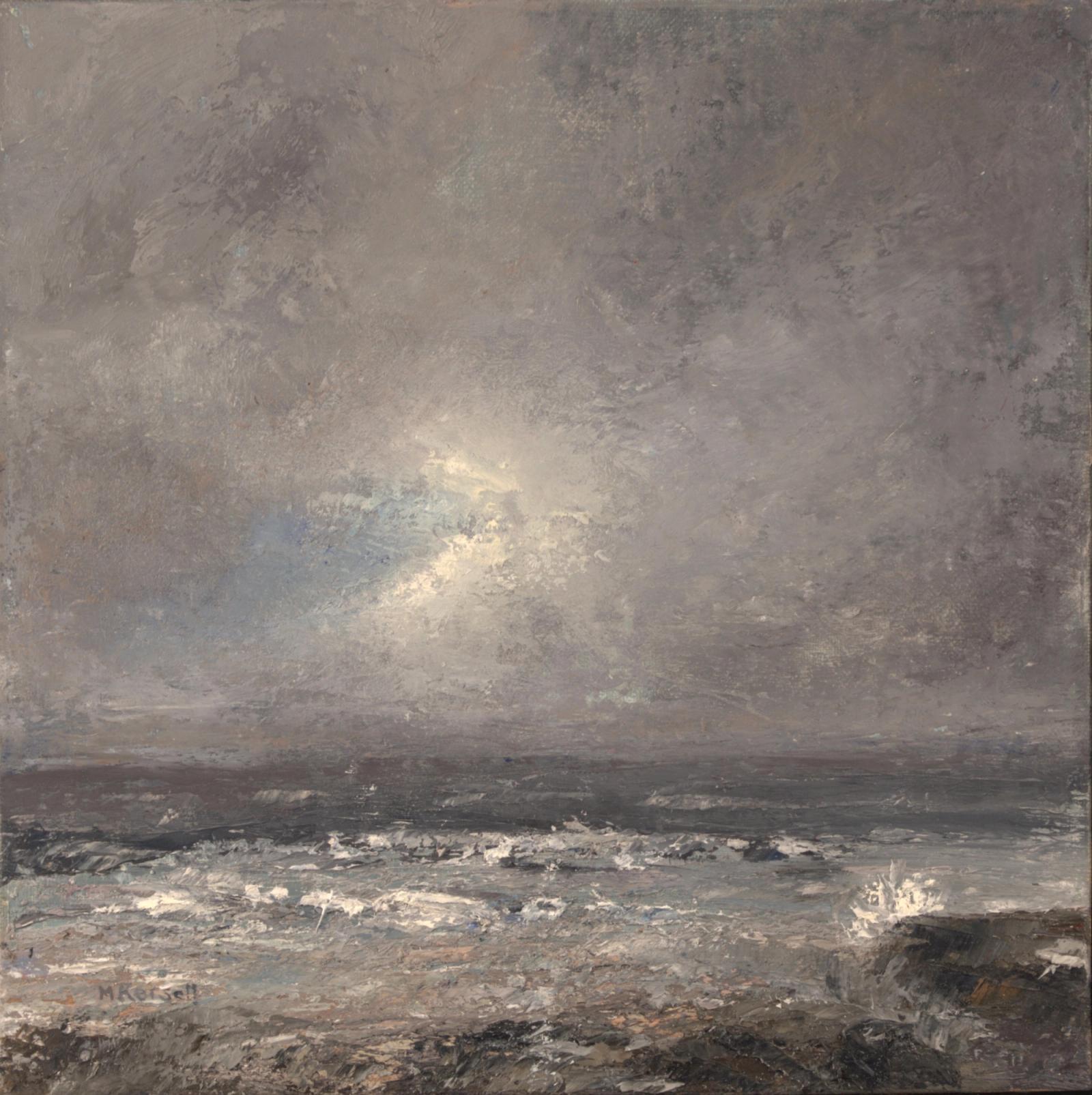 A stormy day with waves crashing on the shore. The sun breaks through.