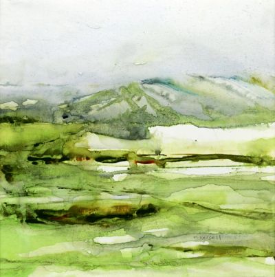 An abstract watercolor suggesting summer fields and hills. Green and blue.