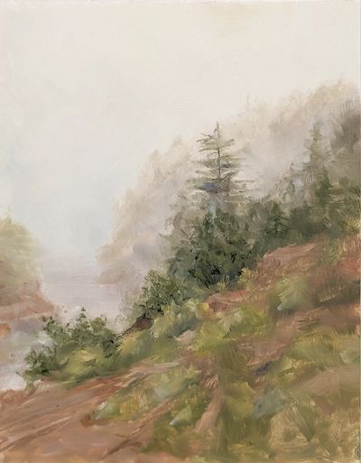 An oil painting of a foggy day on the shores of the Bay of Fundy.