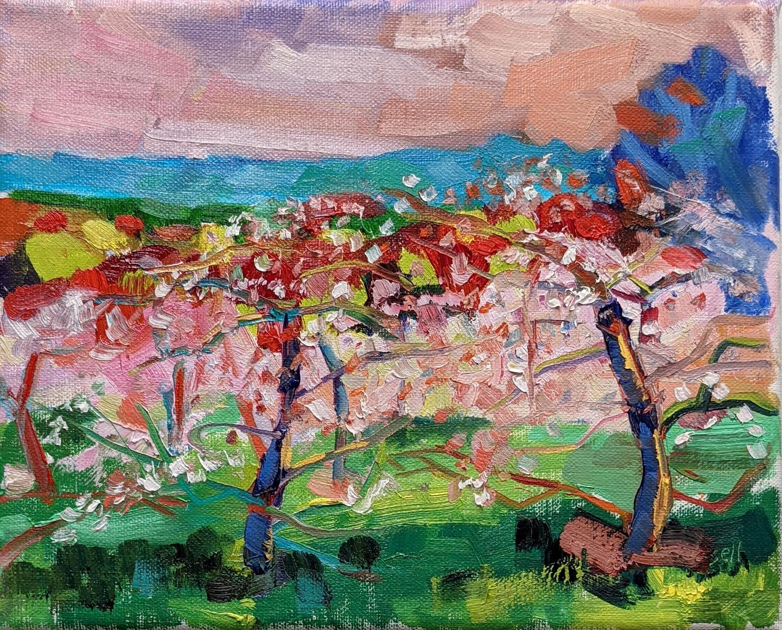 A very bright oil painting of a blossoming apple orchard, overlooking distant hills.