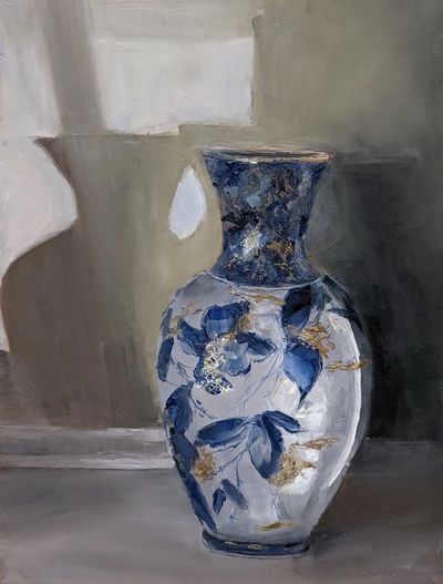 An oil painting of an antique blue and gold vase casting shadows on a wall.