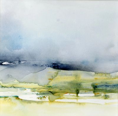 An abstract watercolor painting suggesting gentle hills rising from a river. Bules and greens.