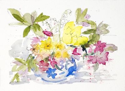 Watercolor with Pen and Ink of  a small bouquet of Tulips, Narcissus Azaleas and Lilly of the Valley in a blue and white vase.