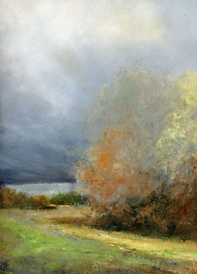 An oil painting of the last leaves of fall in trees beside a field.