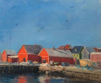 An oil painting of bright red dock buildings in Lunenburg Nova Scotia.