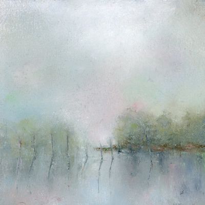 A small painting of fishing weirs on a foggy day