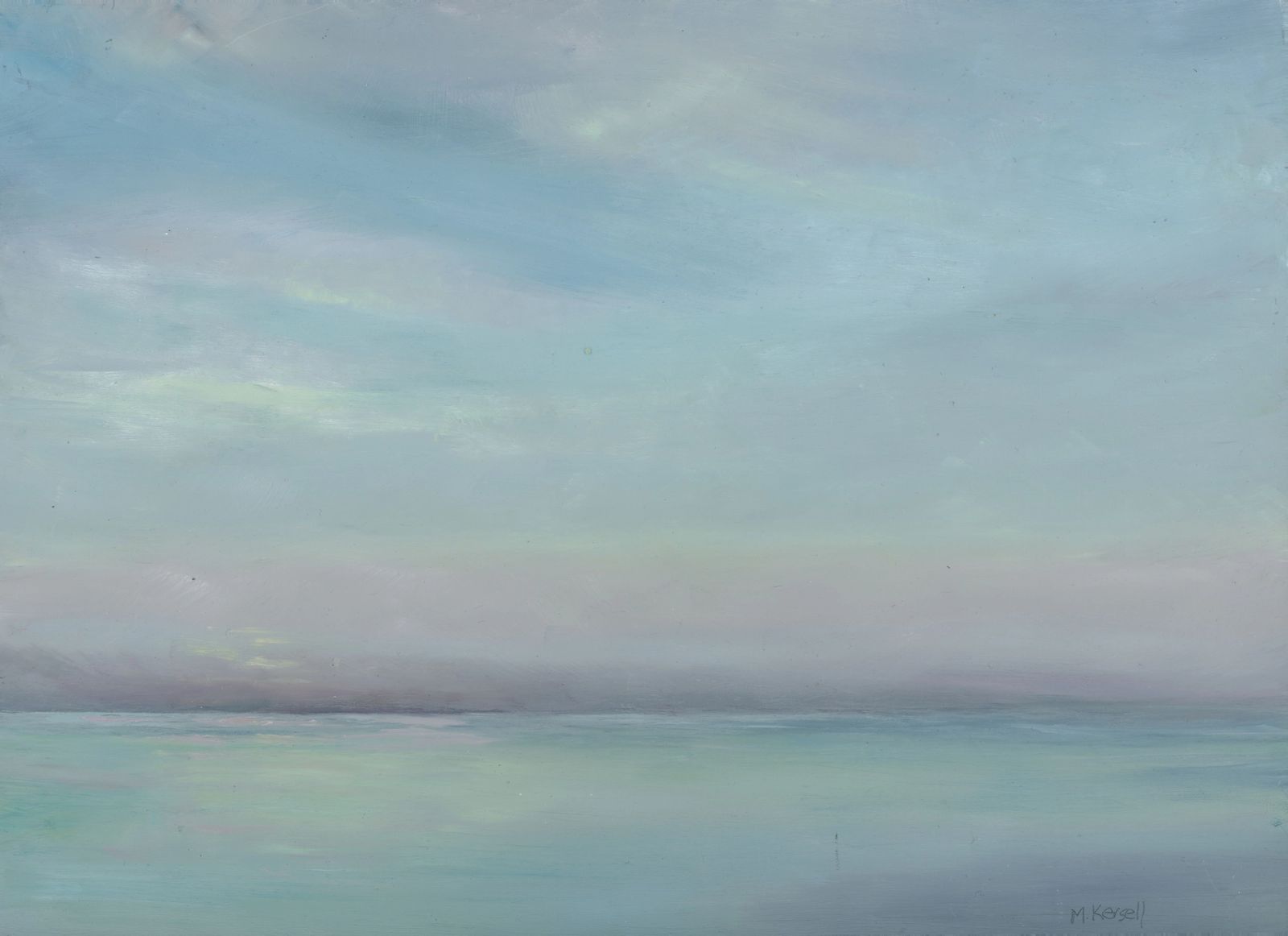 This oil painting on panel depicts a soft pink and salmon twilight sunset reflected in a very calm ocean.