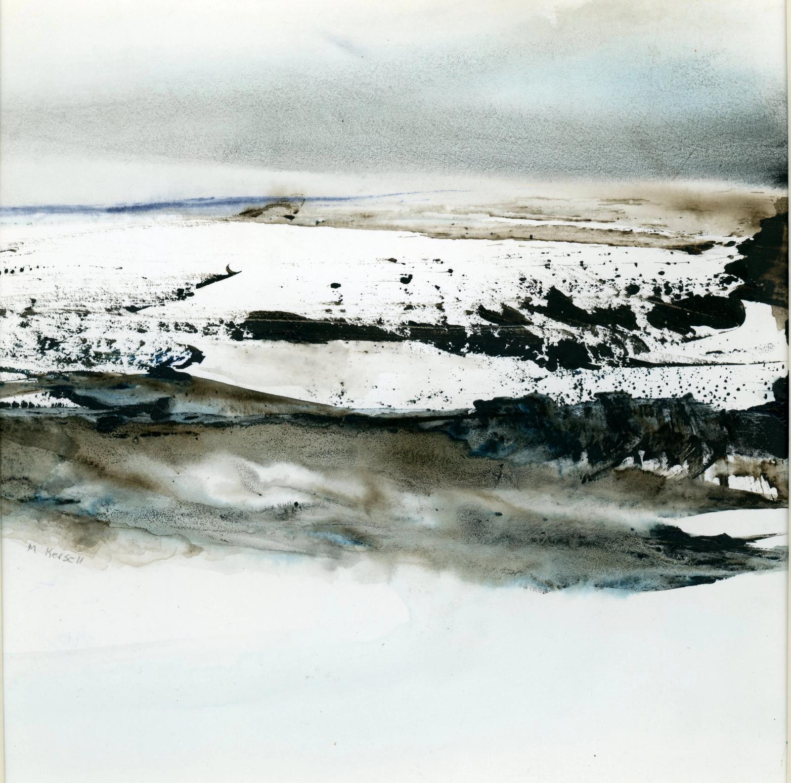 An abstract landscape watercolor painting with pale blues, dark browns and white. Suggestive of snow covered fields.