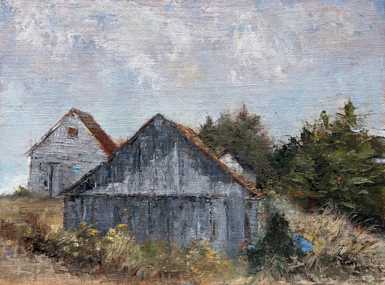 An oil painting of old weather-beaten outbuildings of a maritime farm.