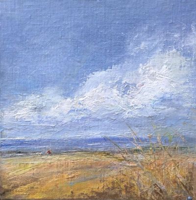A small oil painting of a sunlit coastal field  on a late summer day.