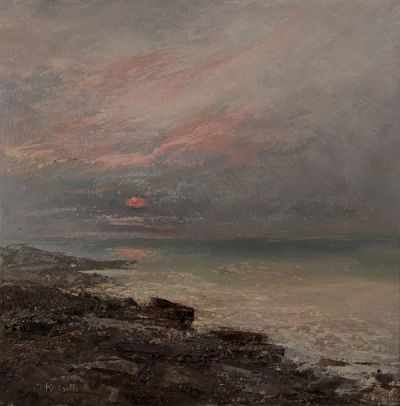 A small oil painting of a soft pink sunset along a rocky seashore. Waves are drifting in.