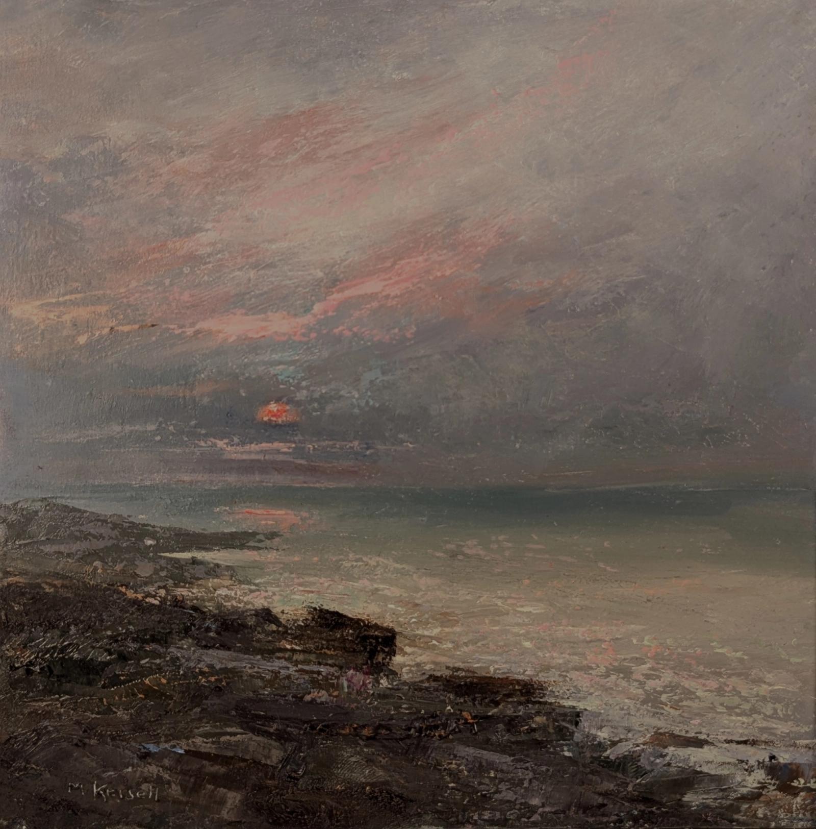 A small oil painting of a soft pink sunset along a rocky seashore. Waves are drifting in.