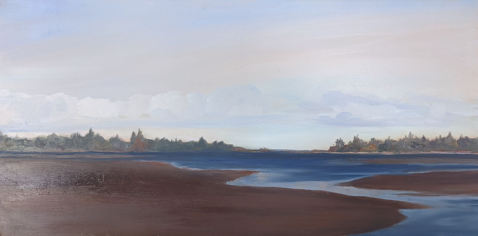 This is an oil painting looking over rich brown mudflats and a blue inlet looking toward a peninsula and open water. A row of white clouds hover above.
