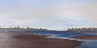 This is an oil painting looking over rich brown mudflats and a blue inlet looking toward a peninsula and open water. A row of white clouds hover above.